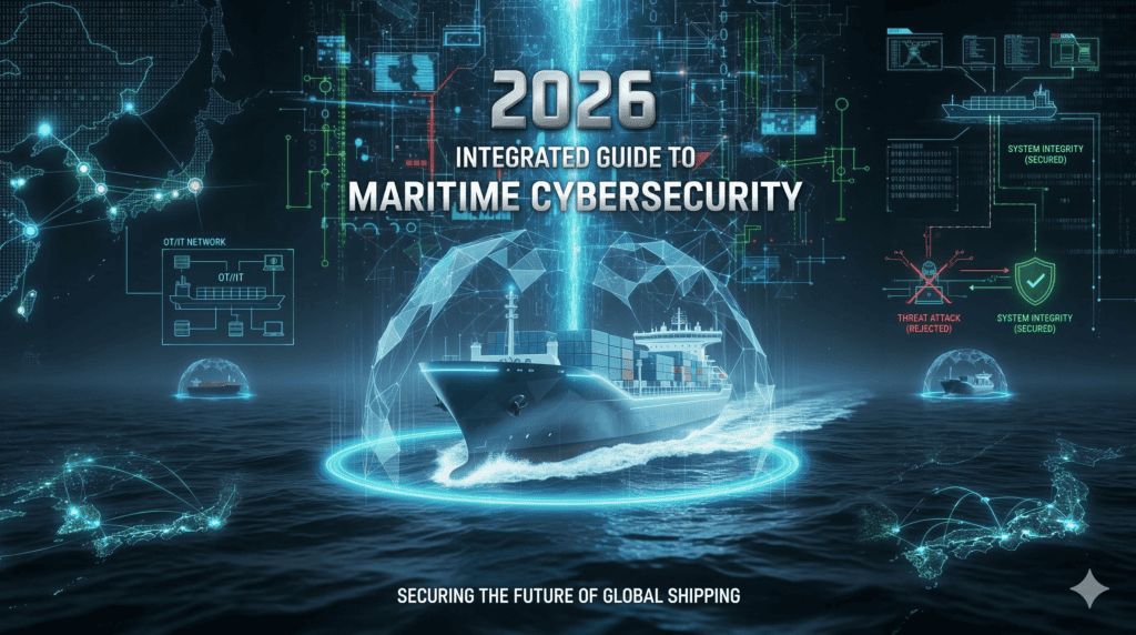 해양 사이버보안 관련 이미지, 선박과 디지털 네트워크 연결 모습.