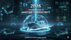 해양 사이버보안 관련 이미지, 선박과 디지털 네트워크 연결 모습.